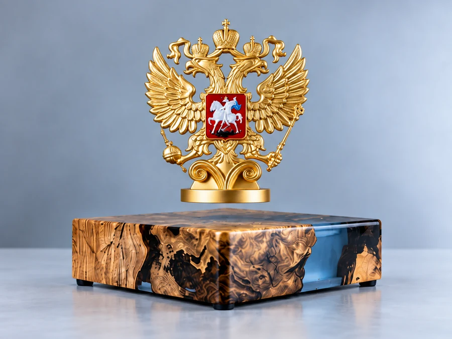 Левитирующий герб России на платформе из дерева и смолы